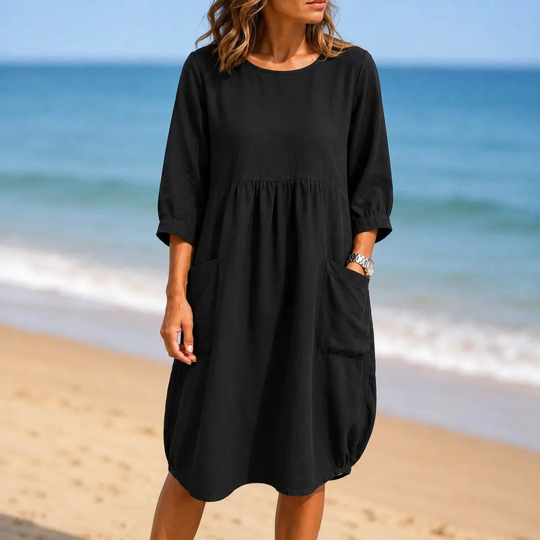 Marelle – Linen-Look Midi Dress with Three-Quarter Sleeves &amp; Pockets