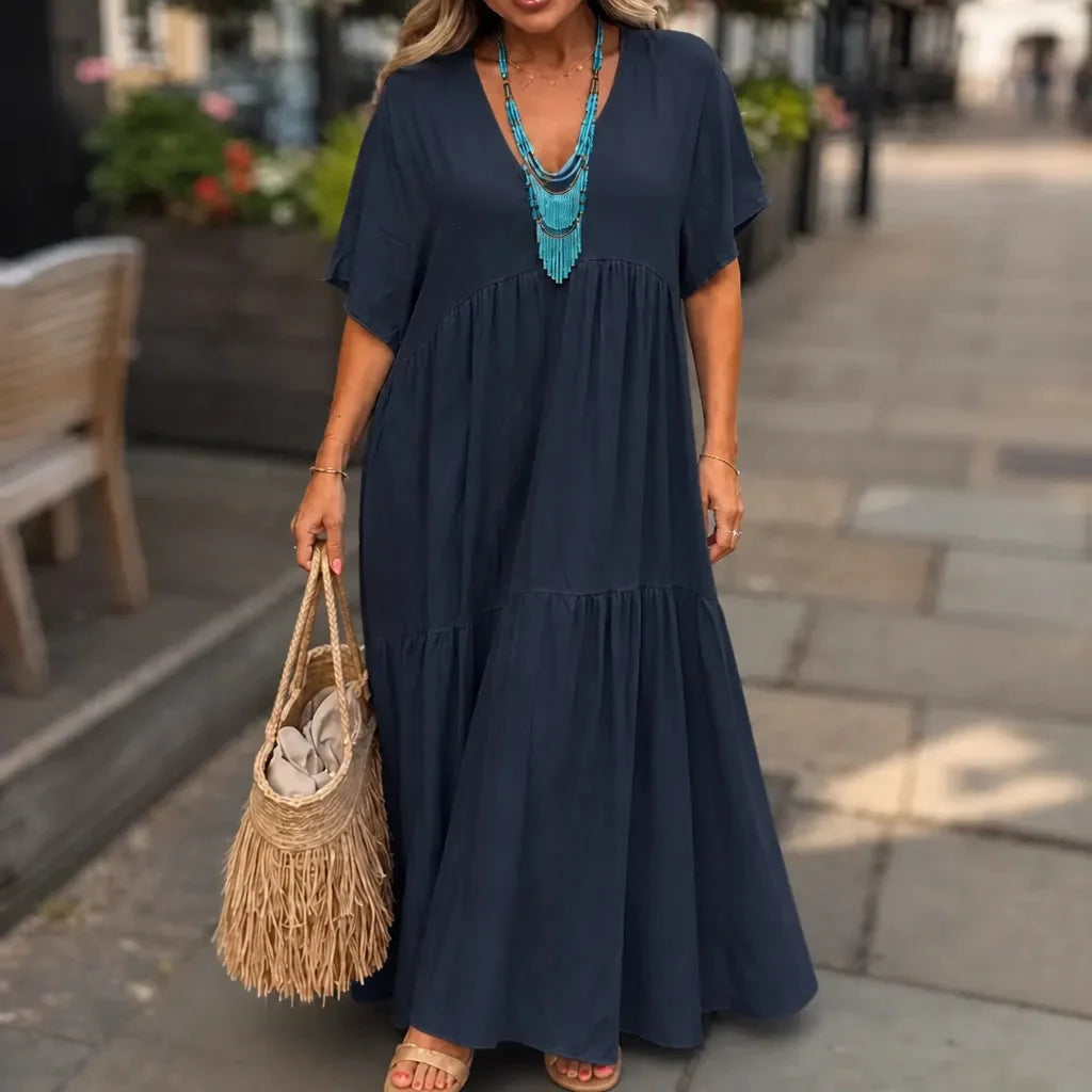 Vellira – Plus Size V-Neck Tiered Midi Dress