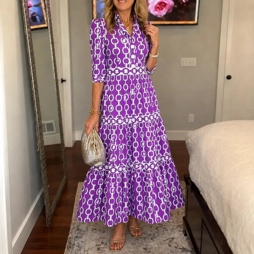 Verella – Chain-Print Tiered Maxi Dress with Pockets &amp; V-Neck