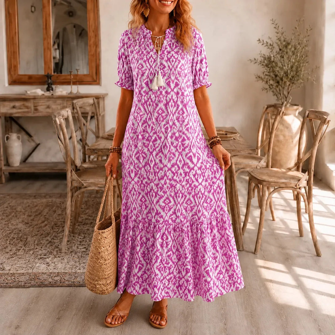 Solara – Ikat Print Boho Maxi Dress with Tassel V-Neck