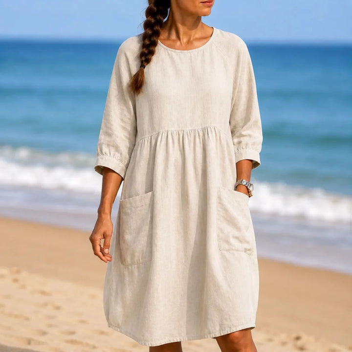 Marelle – Linen-Look Midi Dress with Three-Quarter Sleeves &amp; Pockets