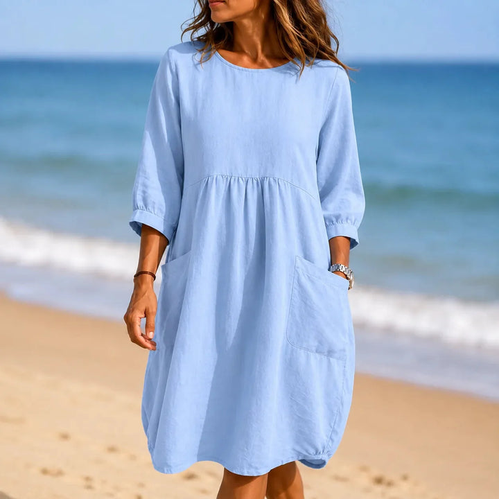 Marelle – Linen-Look Midi Dress with Three-Quarter Sleeves &amp; Pockets