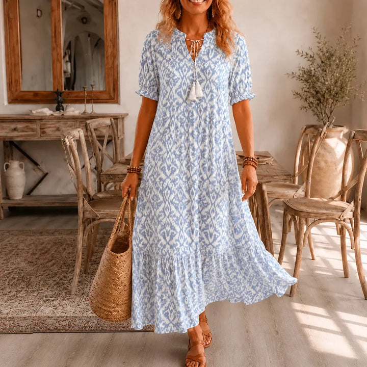 Solara – Ikat Print Boho Maxi Dress with Tassel V-Neck