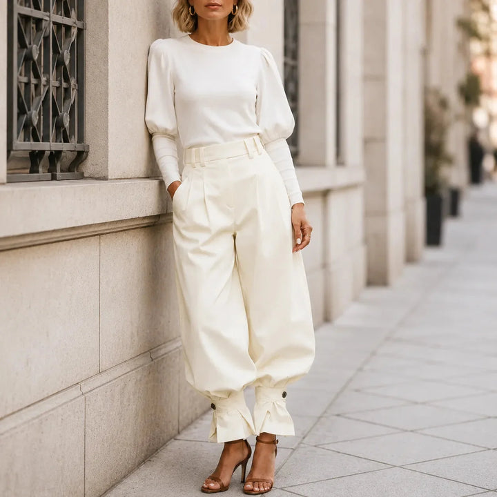 Marlow – Pleated Lantern Wide-Leg Trousers with Bow Cuffs