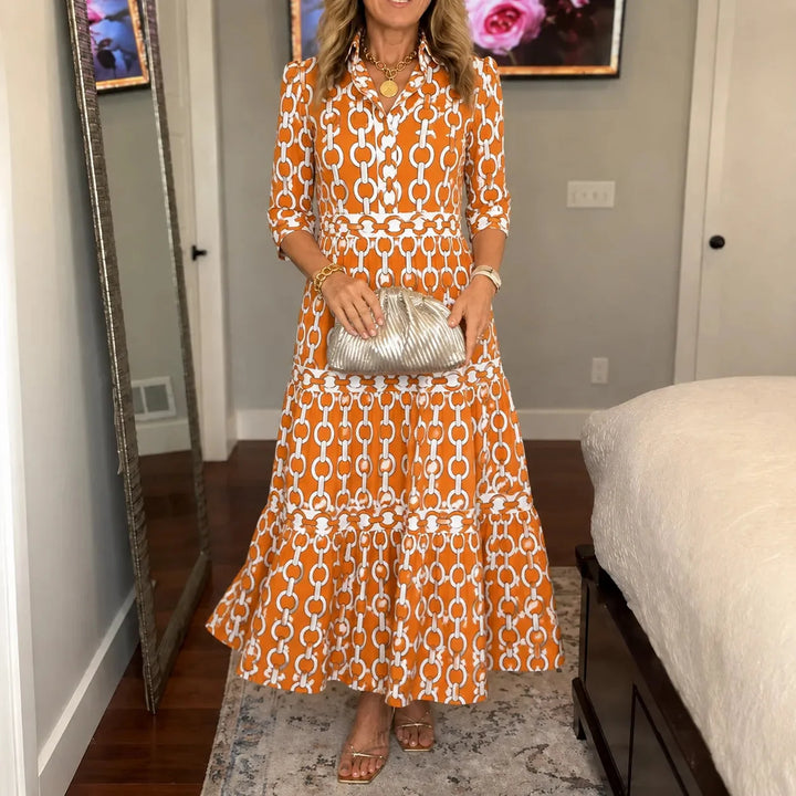 Verella – Chain-Print Tiered Maxi Dress with Pockets &amp; V-Neck