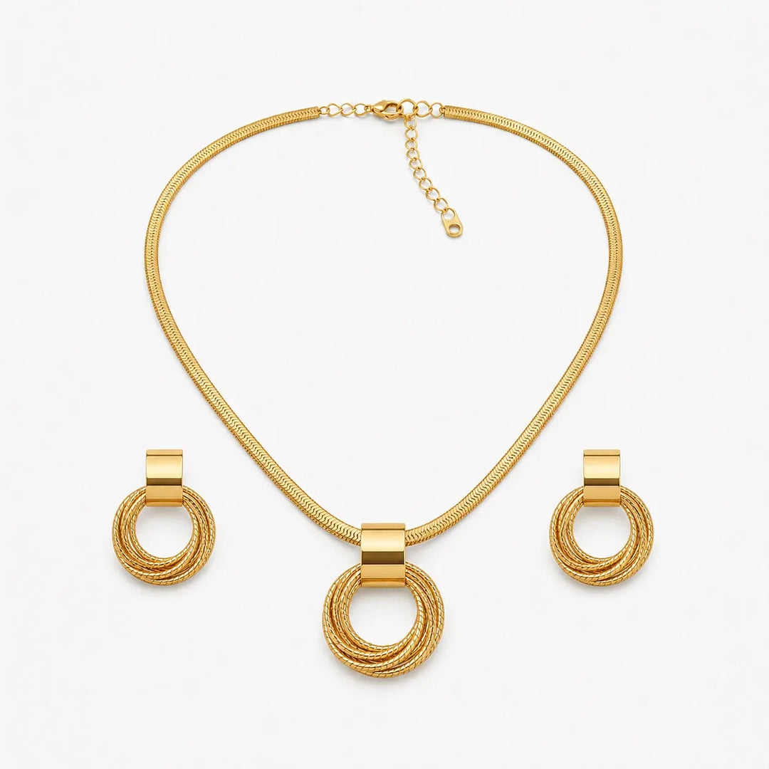 Aurenza – Gold necklace and earring set, textured medallion, flat snake chain