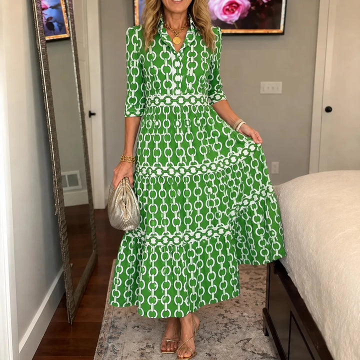 Verella – Chain-Print Tiered Maxi Dress with Pockets &amp; V-Neck