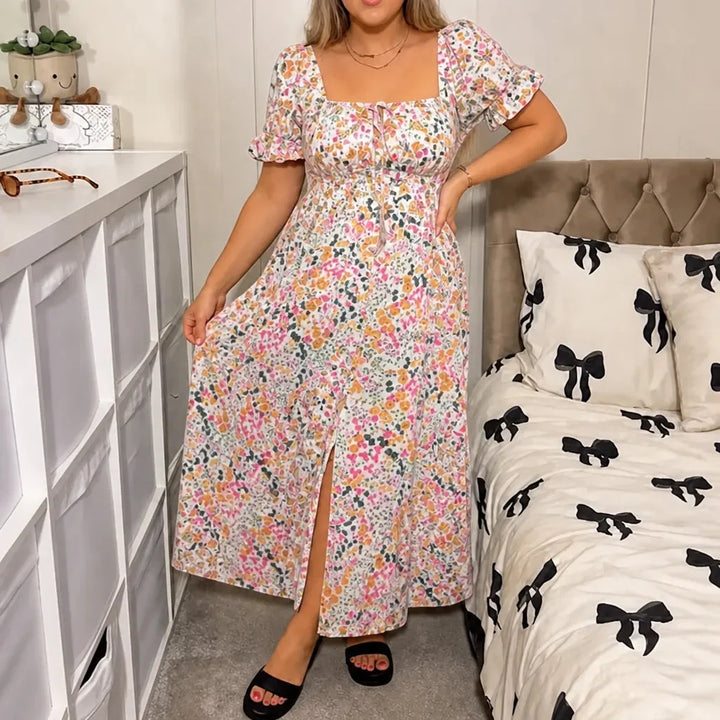 Florenza – Floral Midi Dress with Smocked Bodice and Side Slit