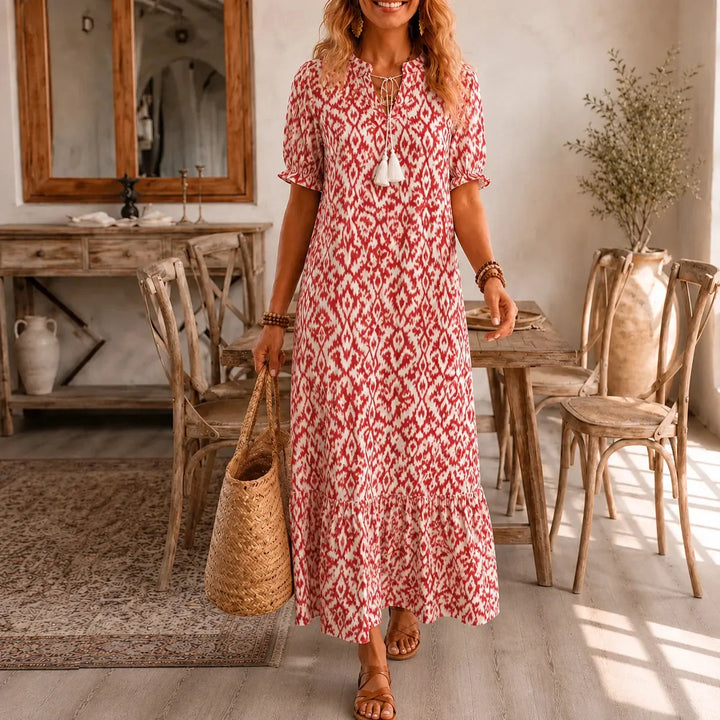 Solara – Ikat Print Boho Maxi Dress with Tassel V-Neck