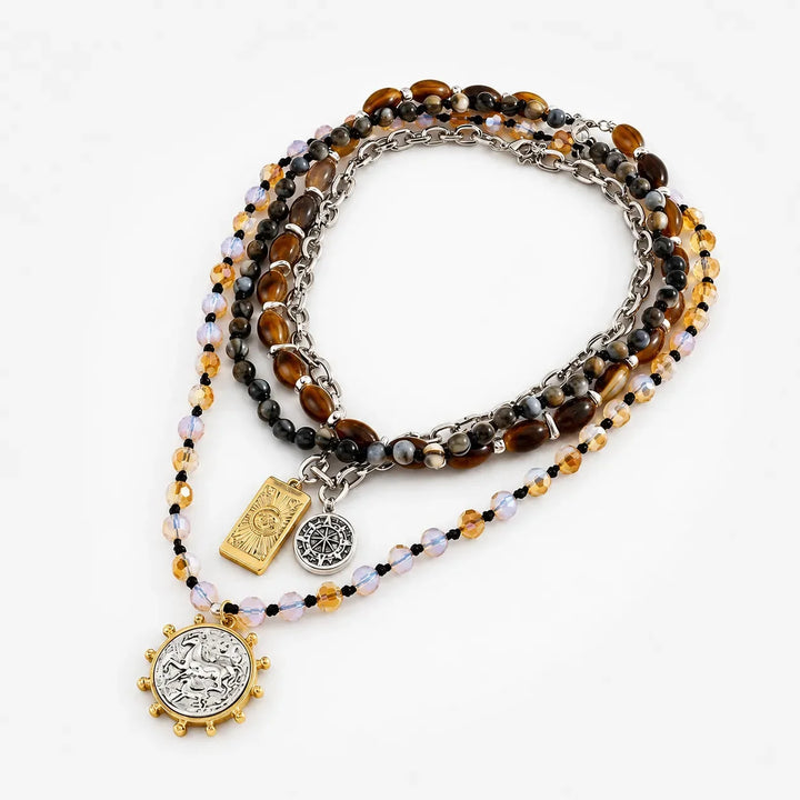 Solenya – Vintage Boho Layered Necklace with Tarot, Compass &amp; Coin Pendants